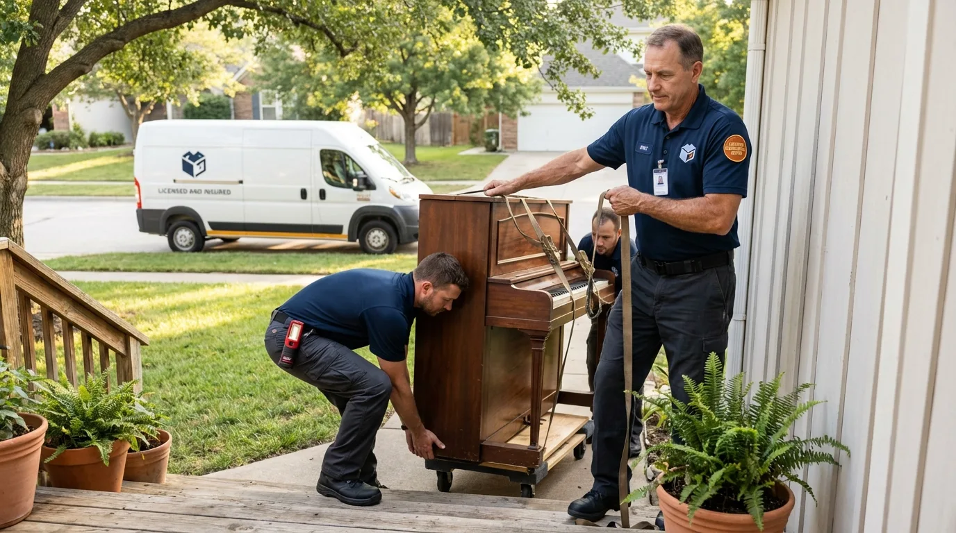 Licensed piano movers securing grand piano in New Wilmington, PA