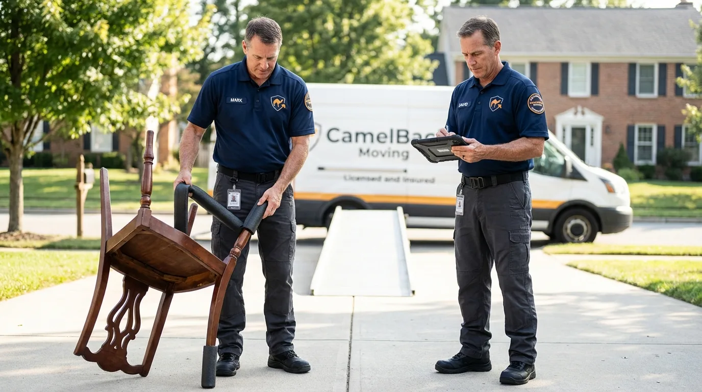 Movers inspecting furniture for damage prevention before loading in New Wilmington, PA