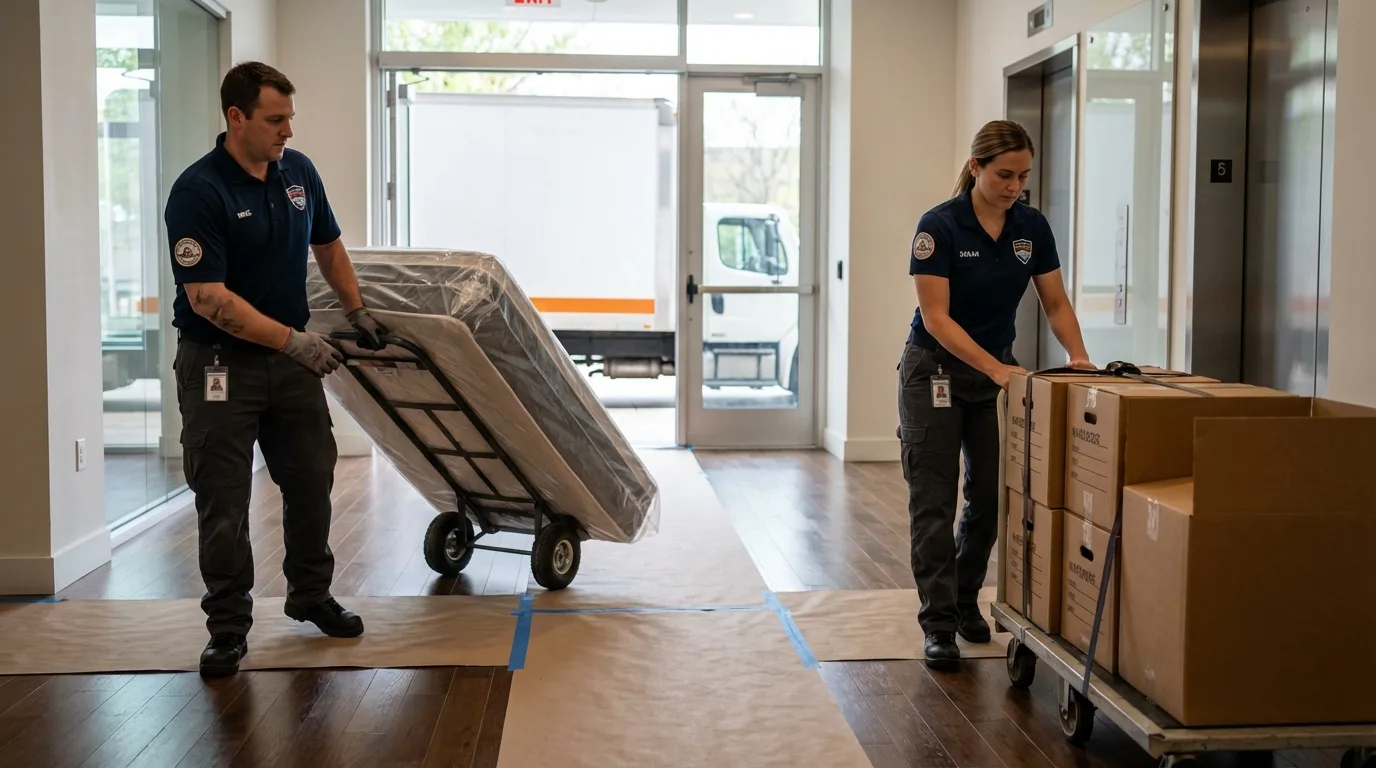 Professional apartment movers loading elevator in New Wilmington, PA