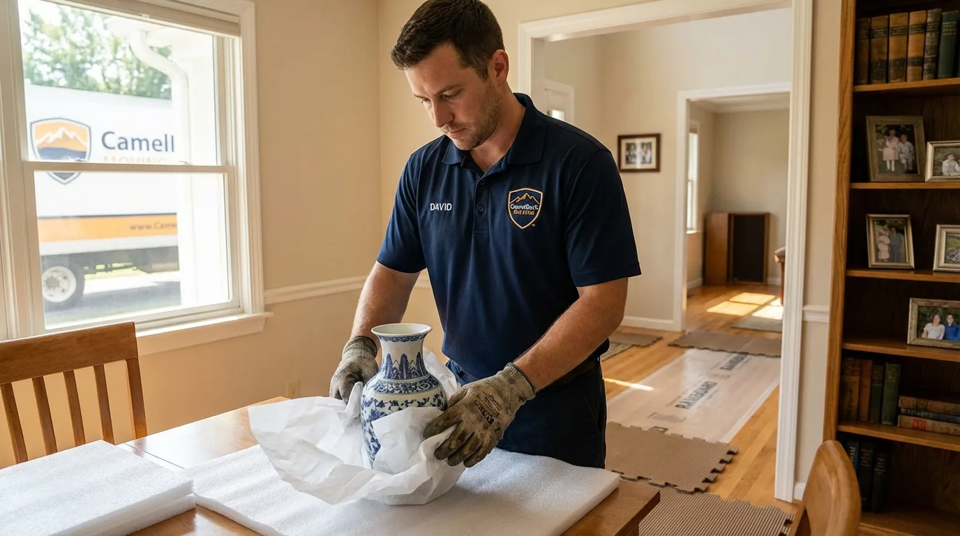 Professional crew carefully wrapping antique vase for senior downsizing move in New Wilmington, PA
